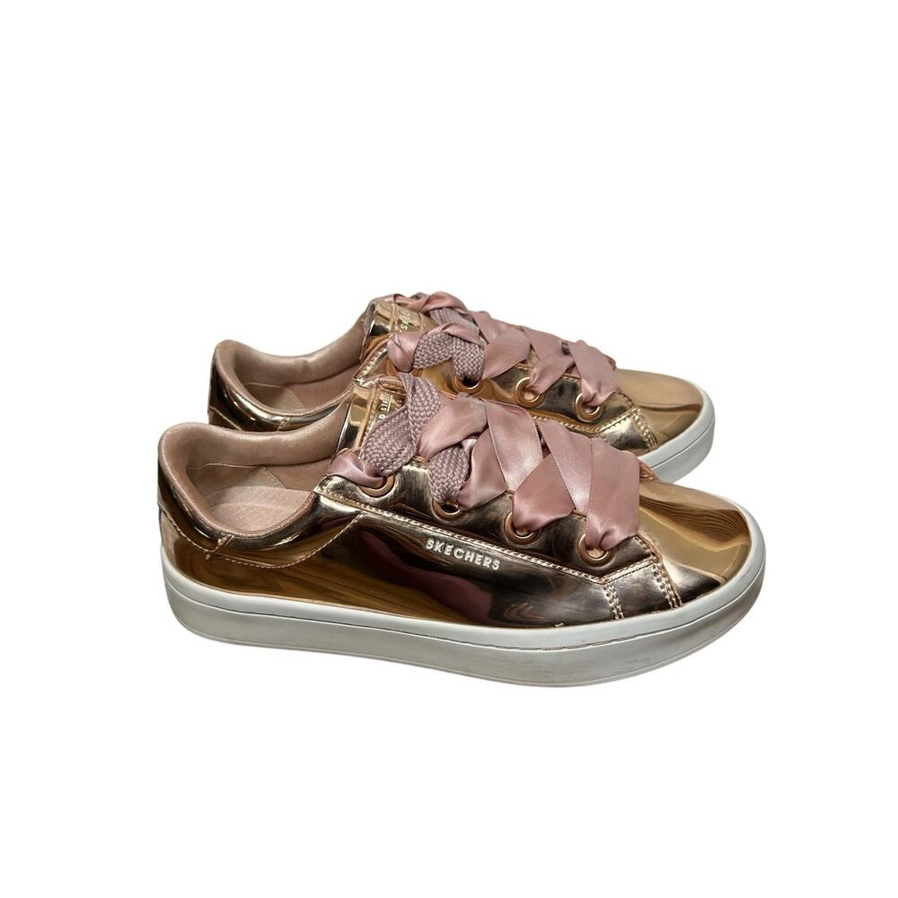 Skechers Street Hi-Lites Liquid Bling Metallic Rose Gold Ribbon Sneakers Sz 8.5